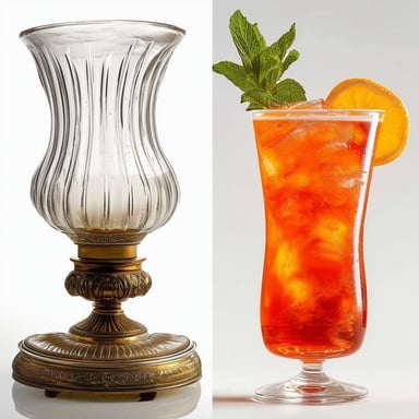 An image of a hurricane lamp and a hurricane cocktail, both with a similar curved design and rich history