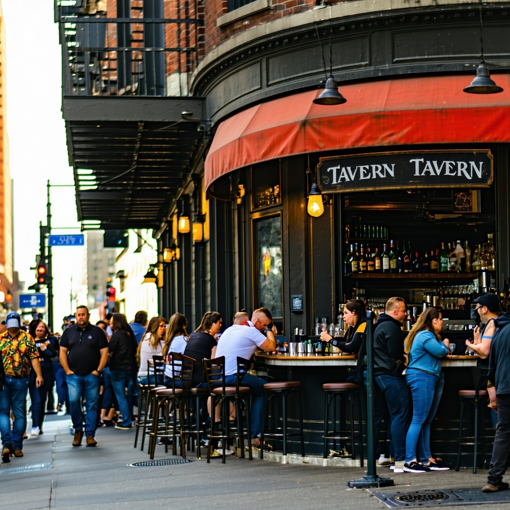 outside of a busy tavern in the city